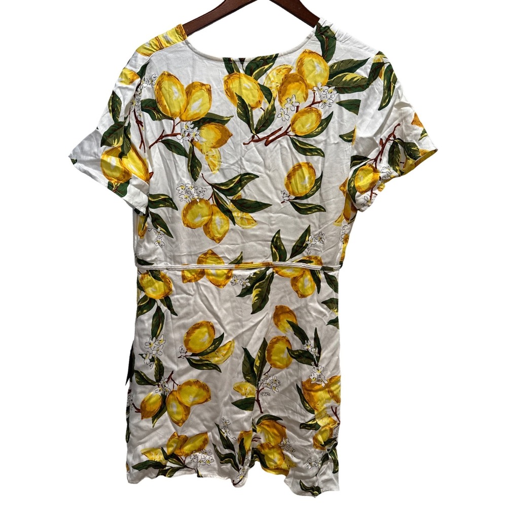 Lulus Lemon Print Mini Dress White Yellow Citrus Front Tie V-Neck Short Sleeve L - Picture 5 of 5